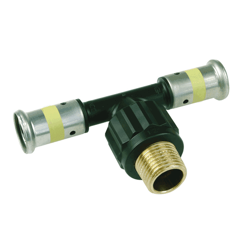 Henco, verloop T-stuk 90gr, 2x pers/bu.dr. voor gas
