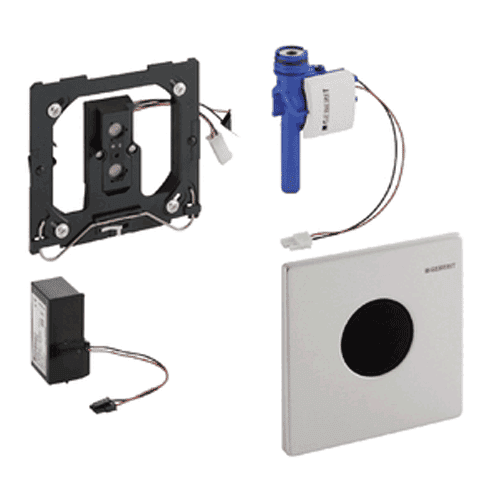 Geberit urinoirstuursysteem met elekronische spoelactivering, netvoeding en bedieningsplaat Mambo IR RVS